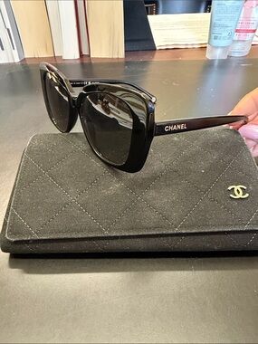 CHANEL Black Oversized Cat-Eye Sunglasses with Gold Logo